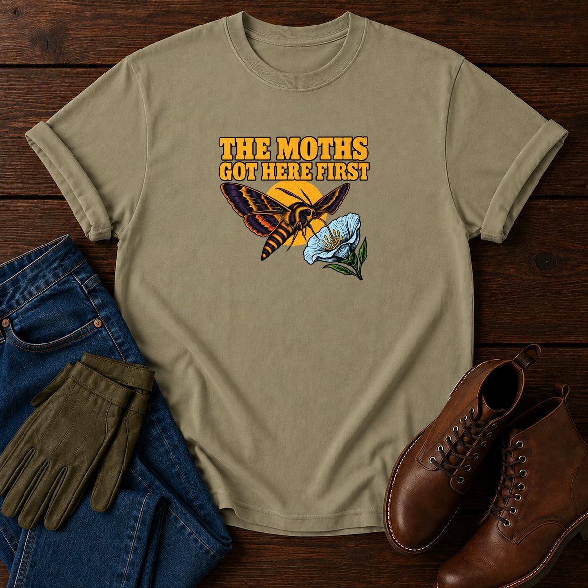 The Moths Got Here First Night Garden Halloween T-Shirt — Khaki