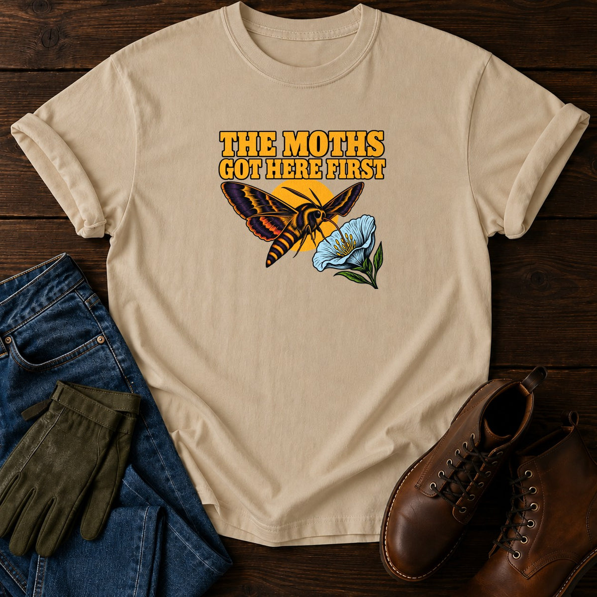 The Moths Got Here First Night Garden Halloween T-Shirt — Sandstone