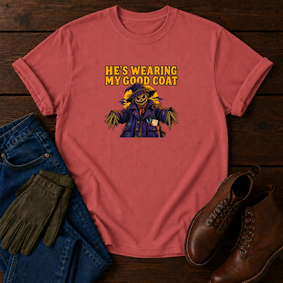 He's Wearing My Good Coat Scarecrow Halloween T-Shirt — Crimson
