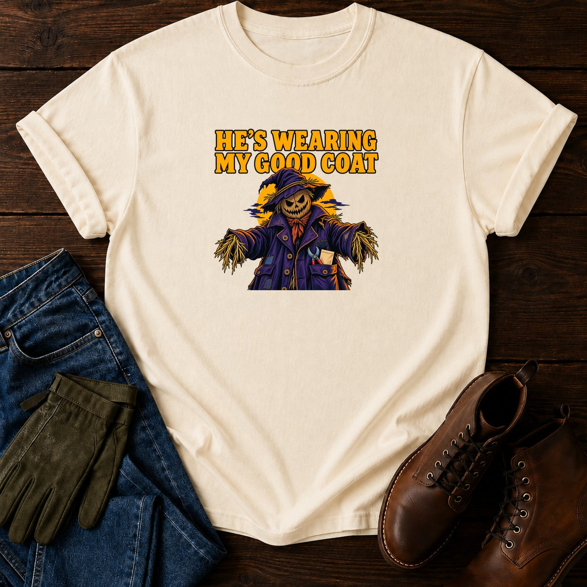 He's Wearing My Good Coat Scarecrow Halloween T-Shirt — Ivory