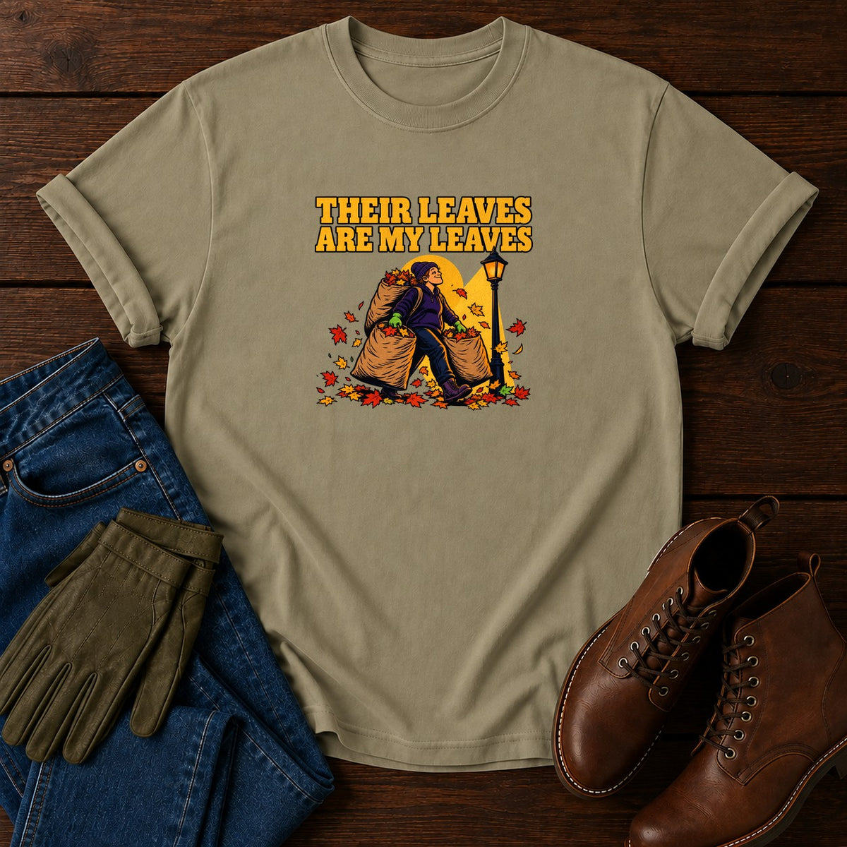 Their Leaves Are My Leaves Fall Leaf Hoarder T-Shirt — Khaki