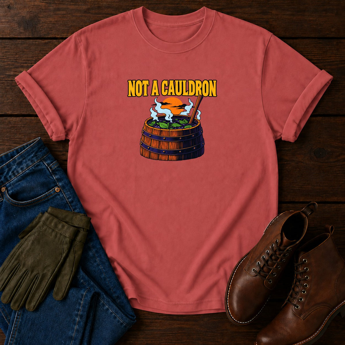 Not A Cauldron Comfrey Tea Halloween Garden T-Shirt — Crimson