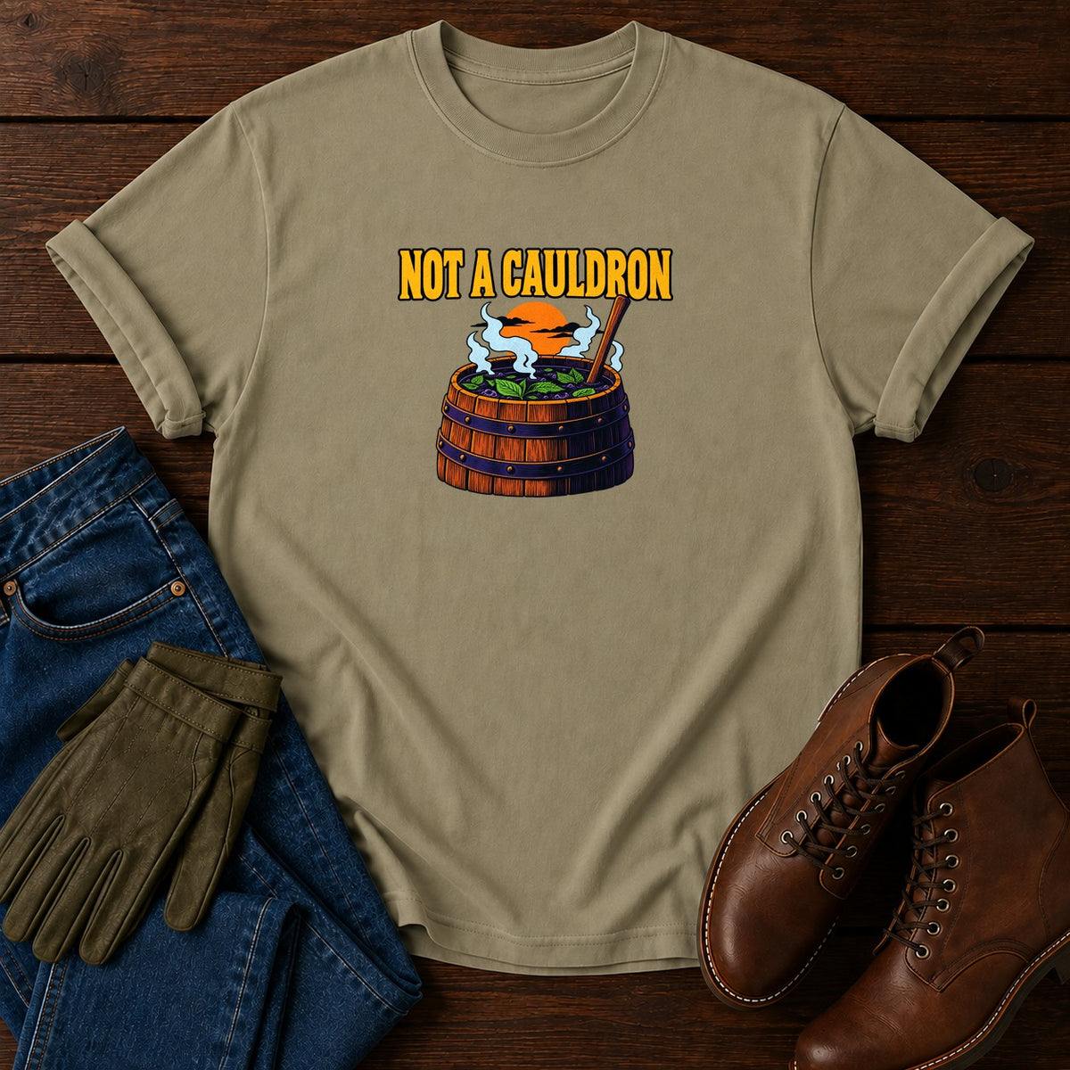 Not A Cauldron Comfrey Tea Halloween Garden T-Shirt — Khaki
