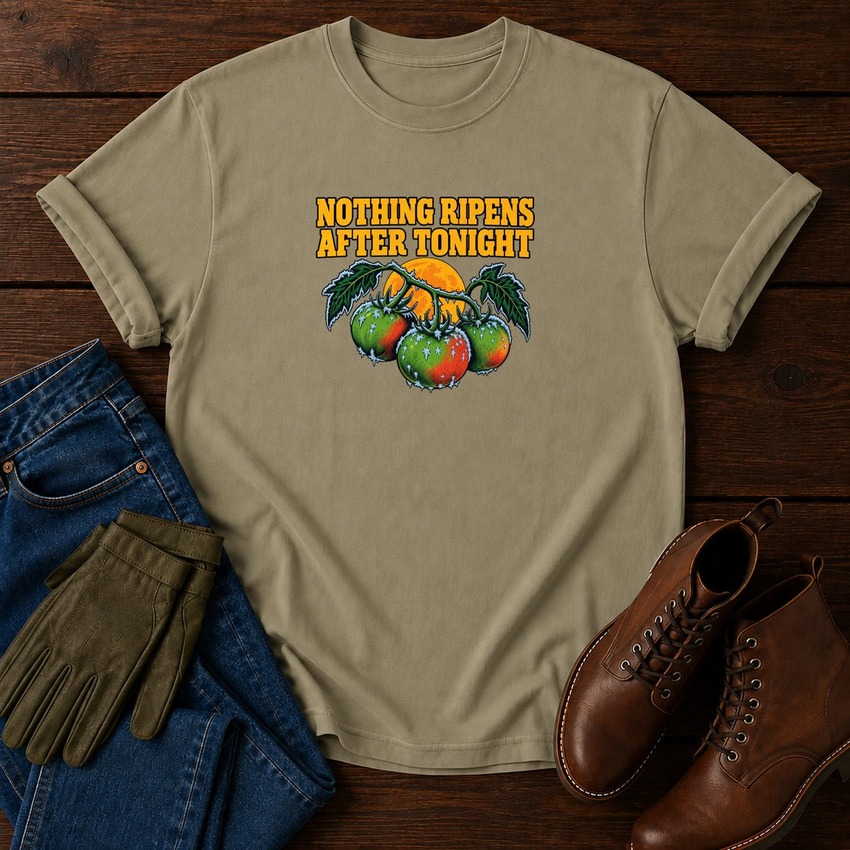 Nothing Ripens After Tonight First Frost Halloween T-Shirt — Khaki