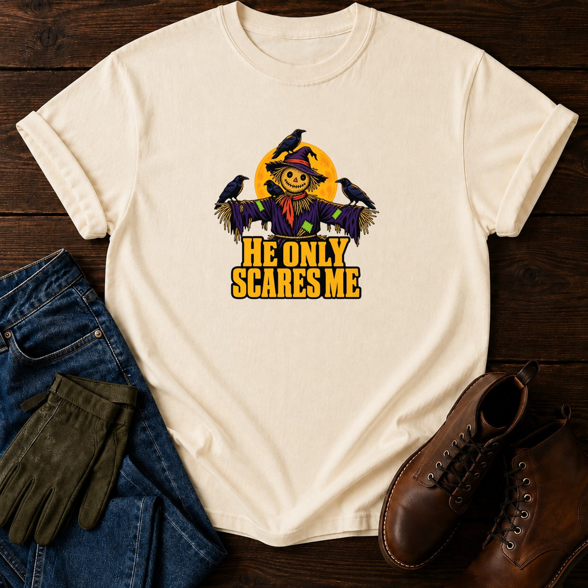 He Only Scares Me Scarecrow Crows Halloween T-Shirt — Ivory