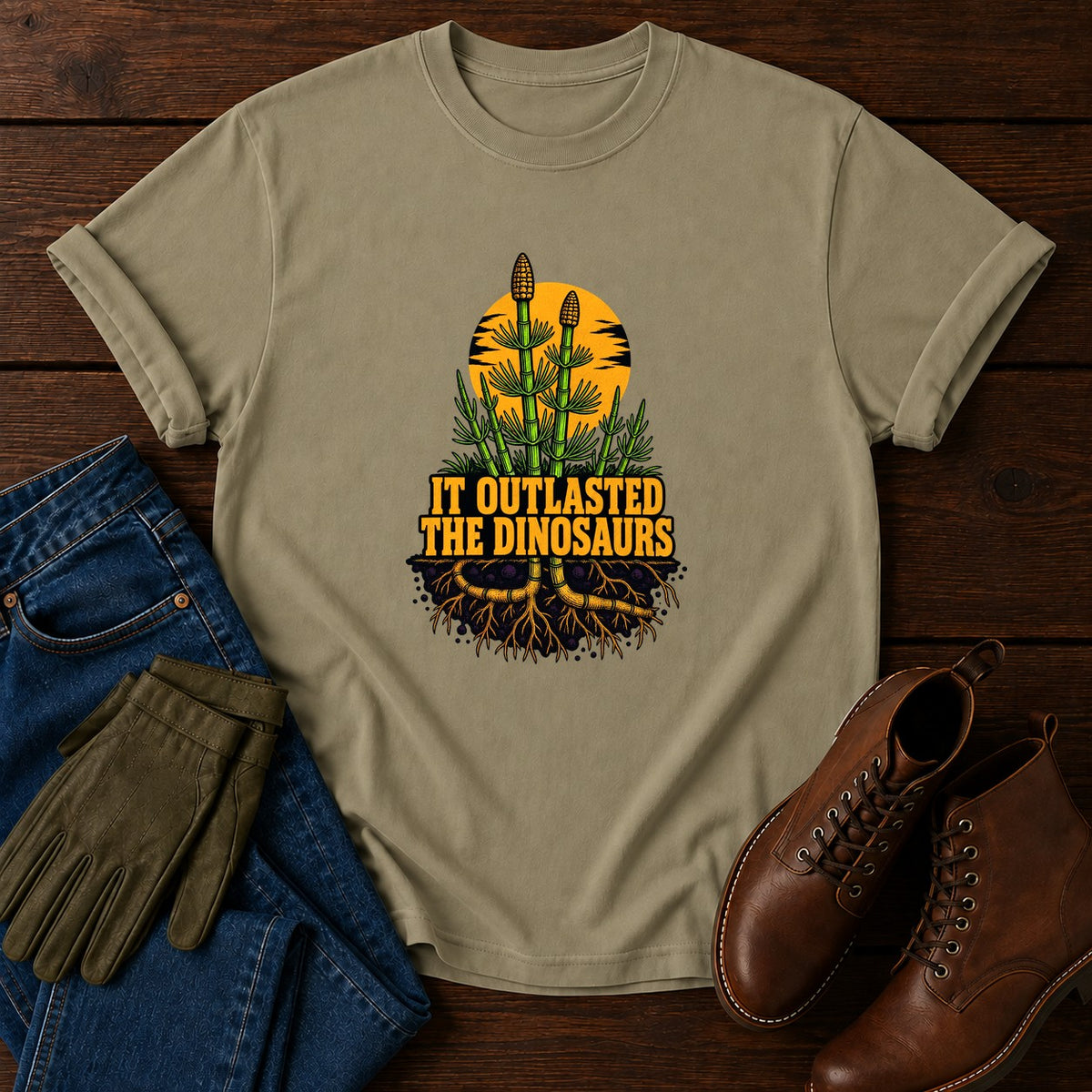 It Outlasted The Dinosaurs Horsetail Halloween T-Shirt — Khaki
