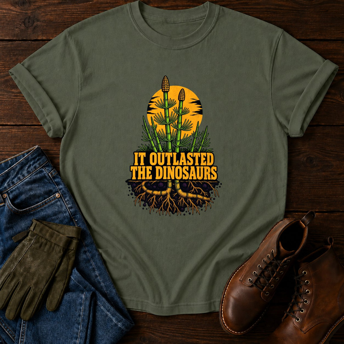 It Outlasted The Dinosaurs Horsetail Halloween T-Shirt — Moss