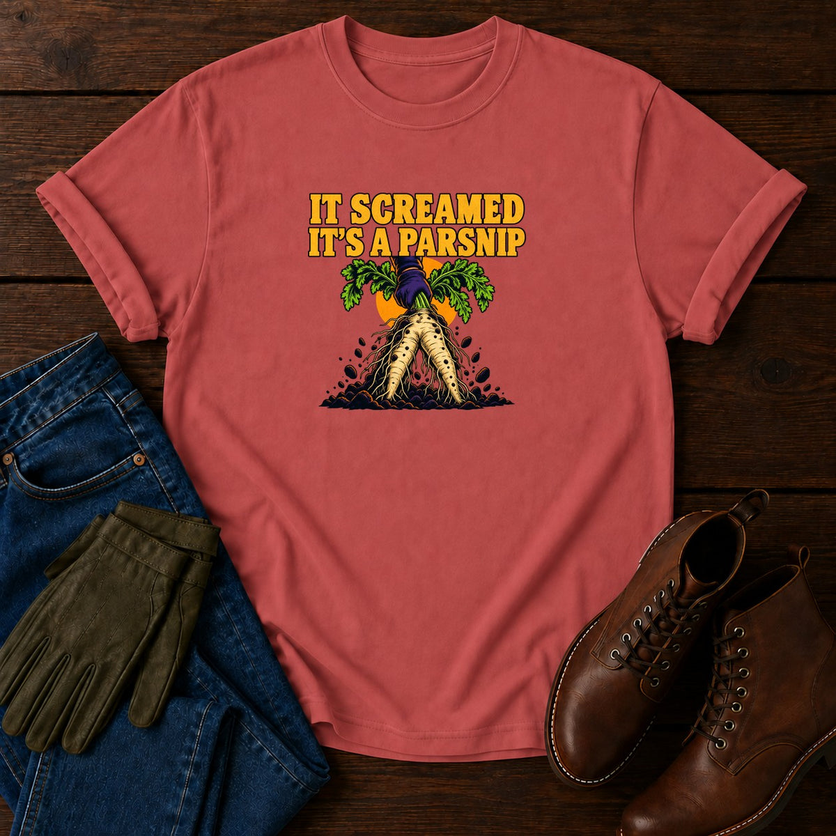 It Screamed, It's A Parsnip Funny Halloween Garden T-Shirt — Crimson