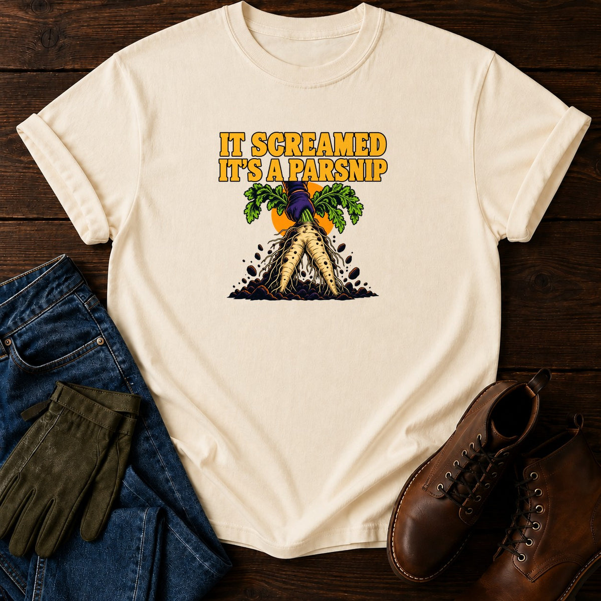 It Screamed, It's A Parsnip Funny Halloween Garden T-Shirt — Ivory
