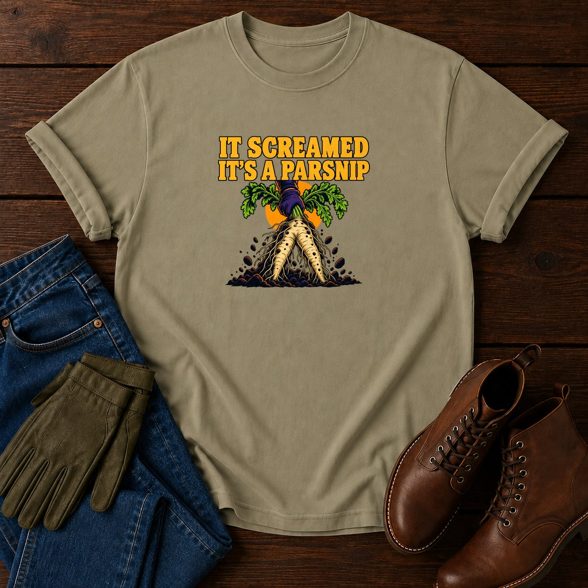 It Screamed, It's A Parsnip Funny Halloween Garden T-Shirt — Khaki