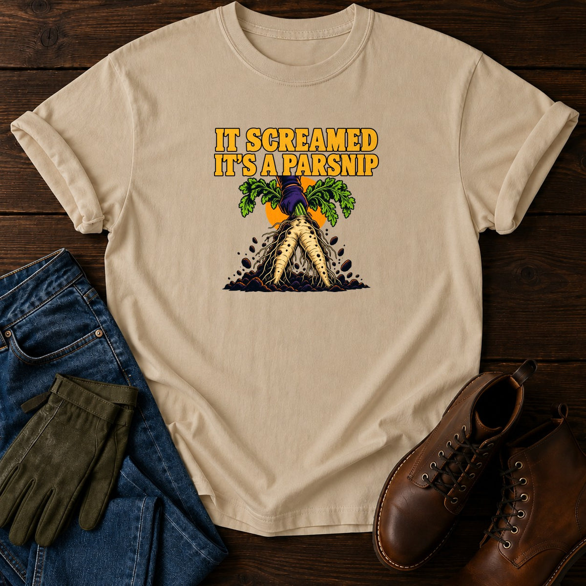 It Screamed, It's A Parsnip Funny Halloween Garden T-Shirt — Sandstone
