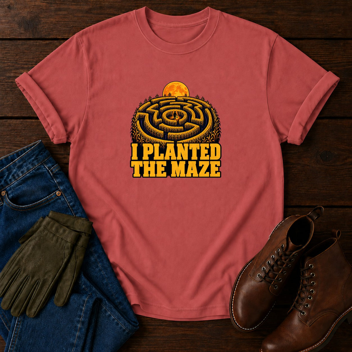 I Planted The Maze Corn Maze Fall Halloween T-Shirt — Crimson