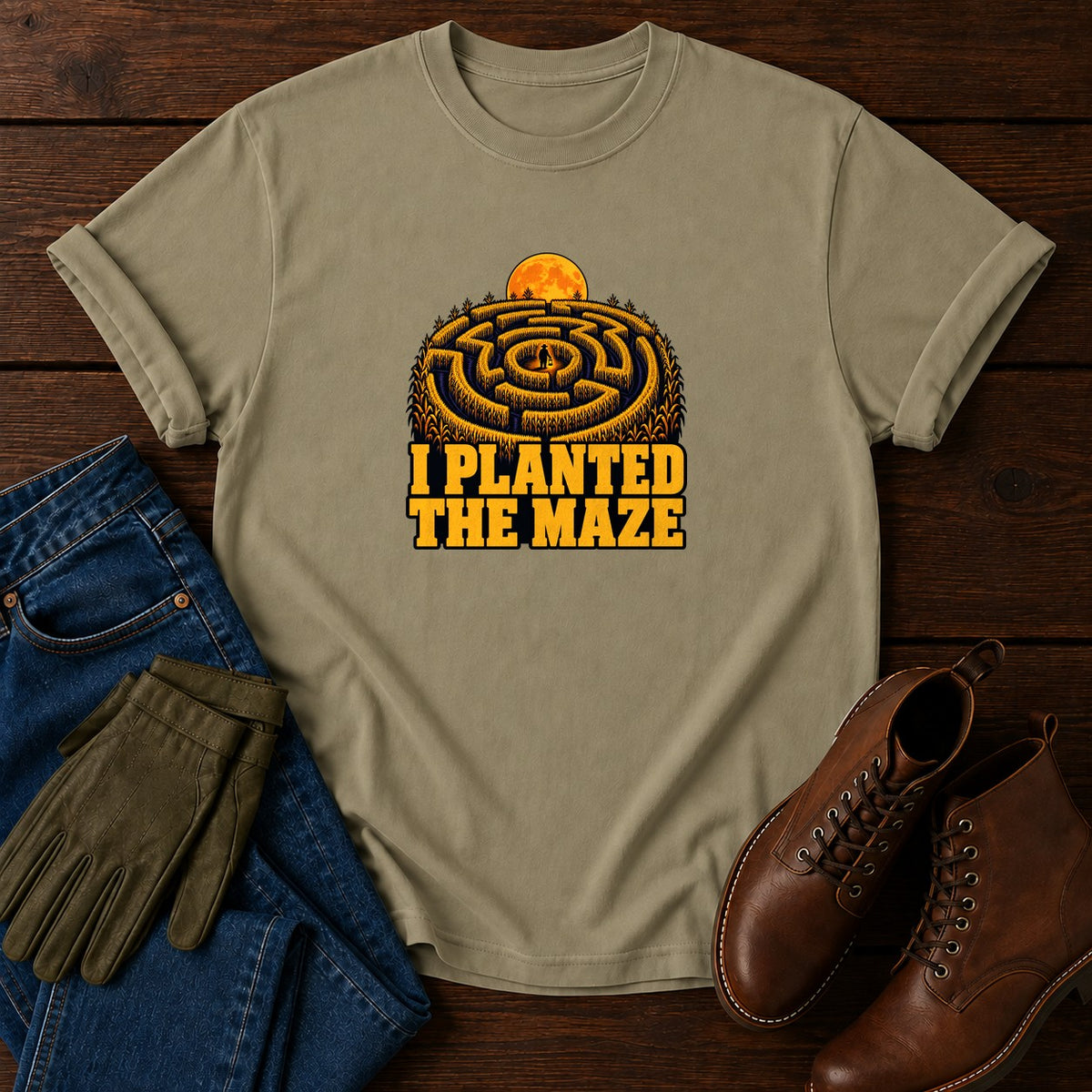 I Planted The Maze Corn Maze Fall Halloween T-Shirt — Khaki