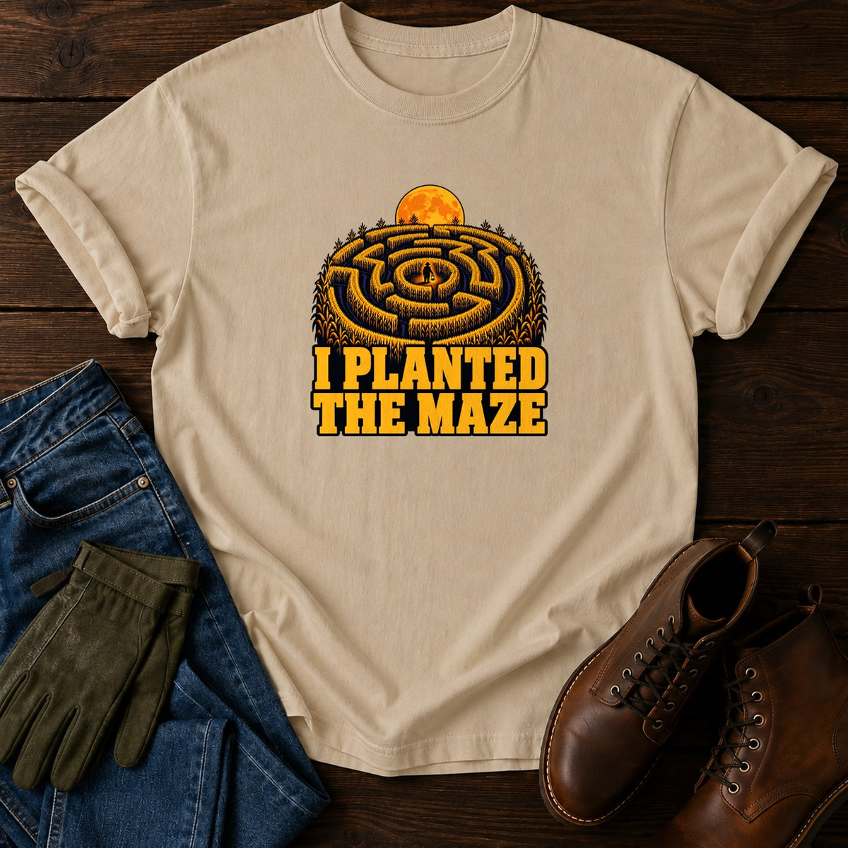 I Planted The Maze Corn Maze Fall Halloween T-Shirt — Sandstone