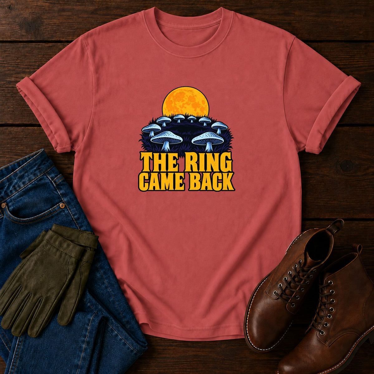 The Ring Came Back Fairy Ring Mushroom Halloween T-Shirt — Crimson