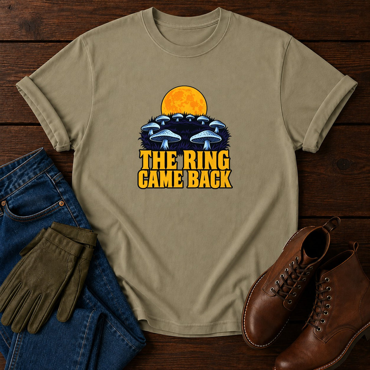 The Ring Came Back Fairy Ring Mushroom Halloween T-Shirt — Khaki