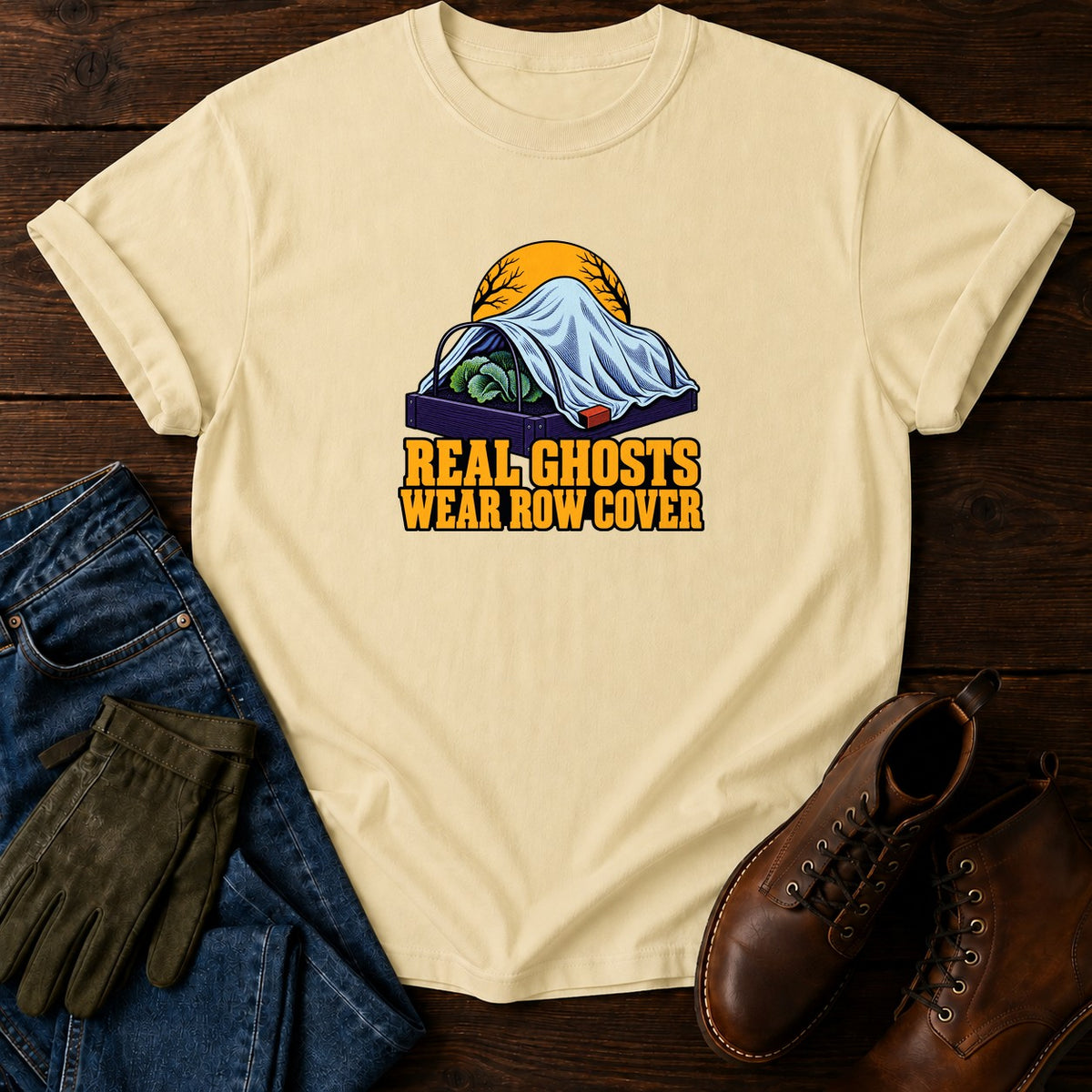 Real Ghosts Wear Row Cover Halloween Garden T-Shirt — Butter