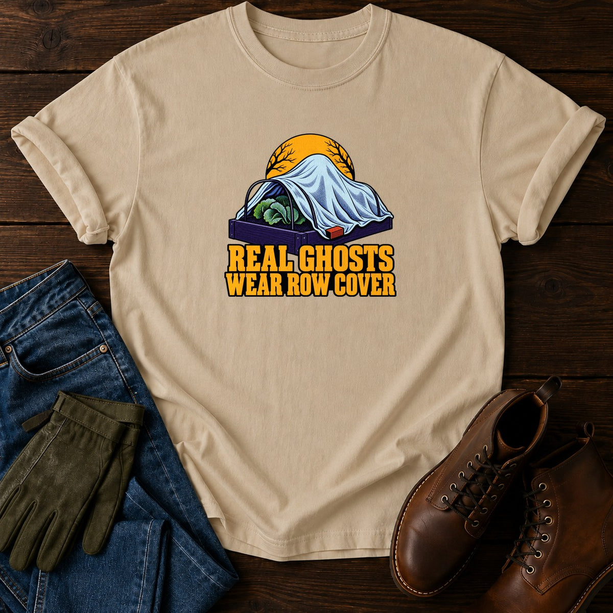 Real Ghosts Wear Row Cover Halloween Garden T-Shirt — Sandstone