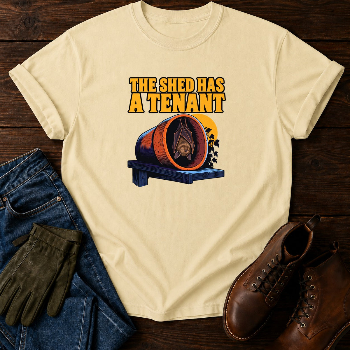 The Shed Has A Tenant Bat Halloween Garden T-Shirt — Butter