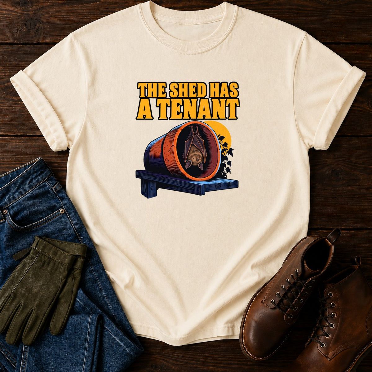 The Shed Has A Tenant Bat Halloween Garden T-Shirt — Ivory