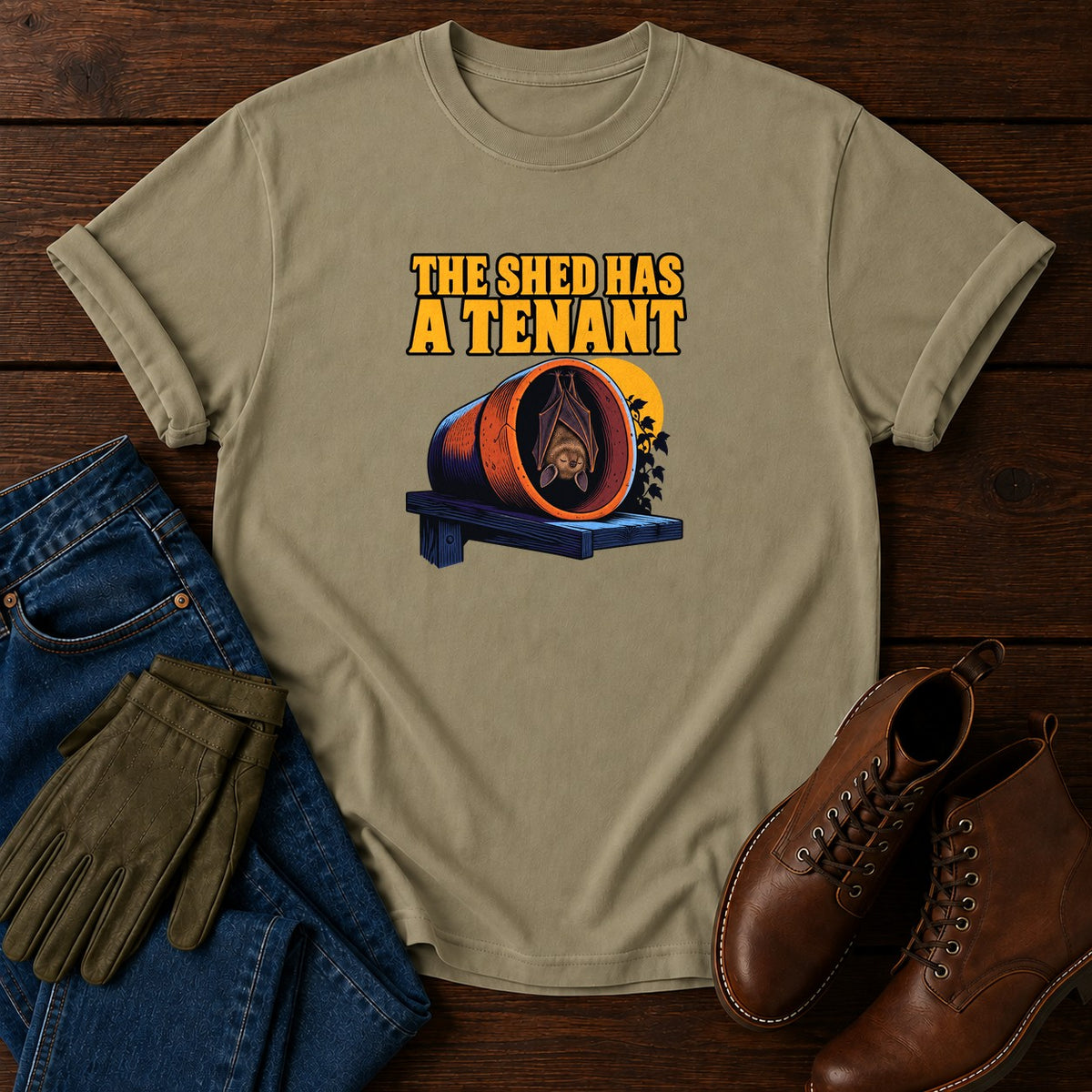 The Shed Has A Tenant Bat Halloween Garden T-Shirt — Khaki