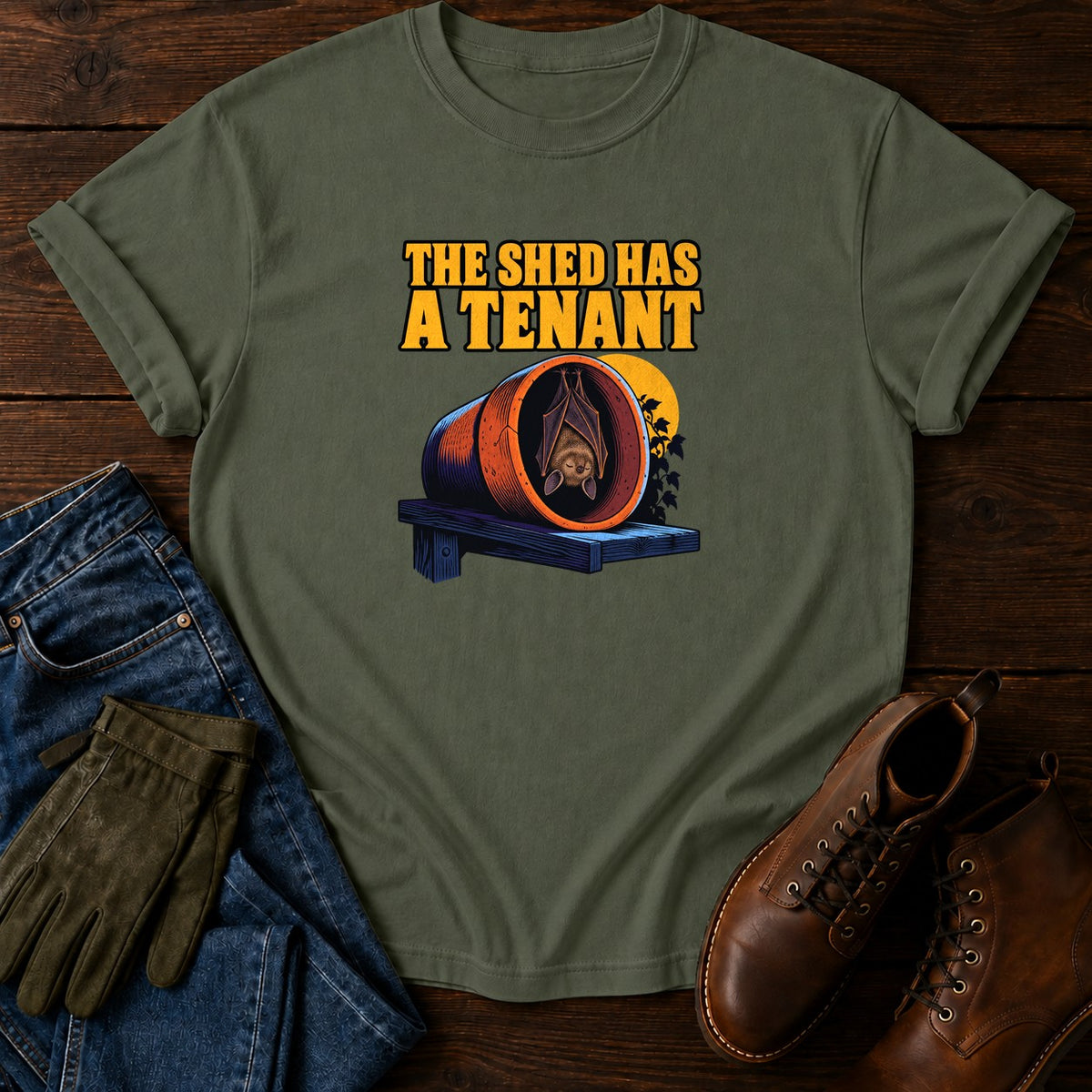 The Shed Has A Tenant Bat Halloween Garden T-Shirt — Moss