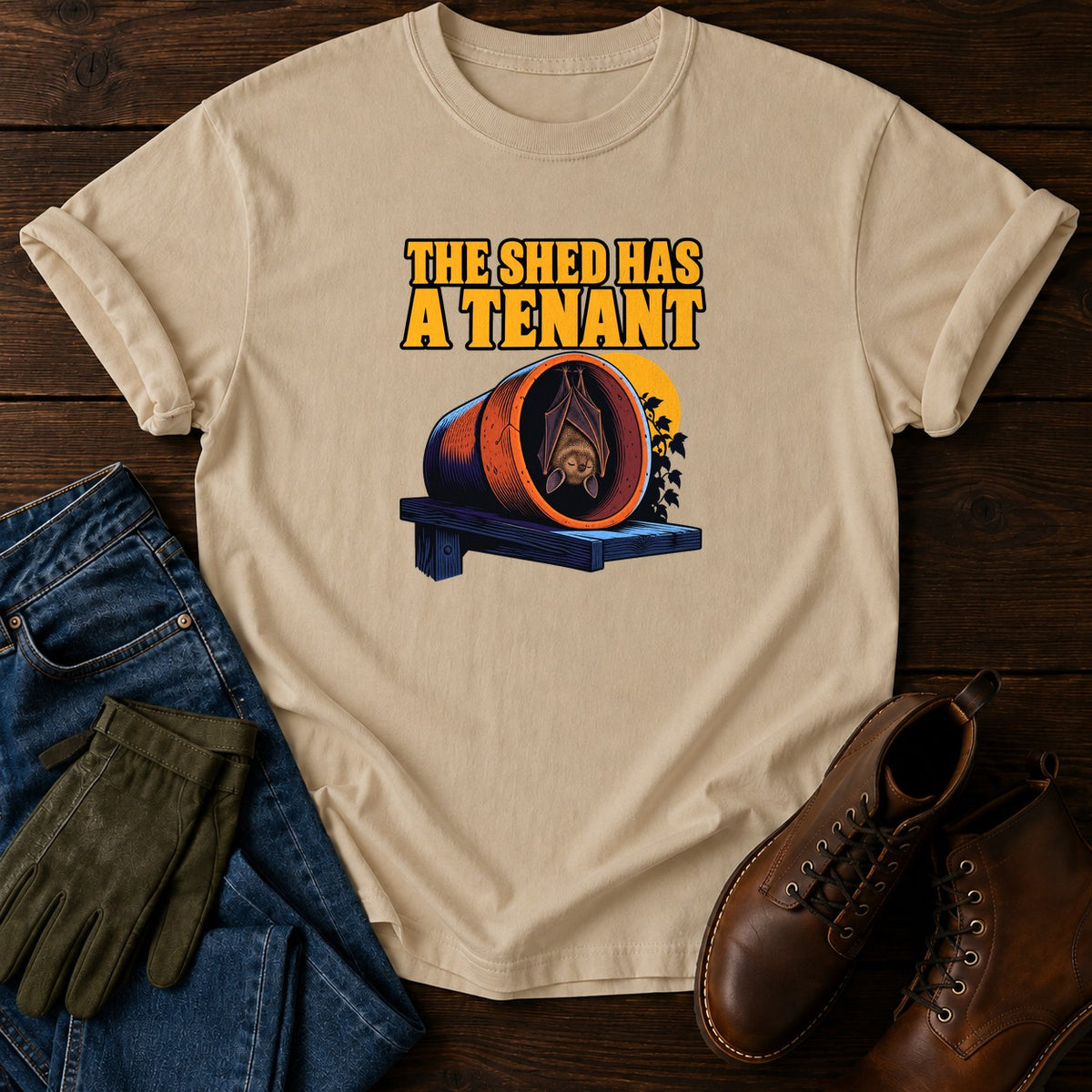 The Shed Has A Tenant Bat Halloween Garden T-Shirt — Sandstone