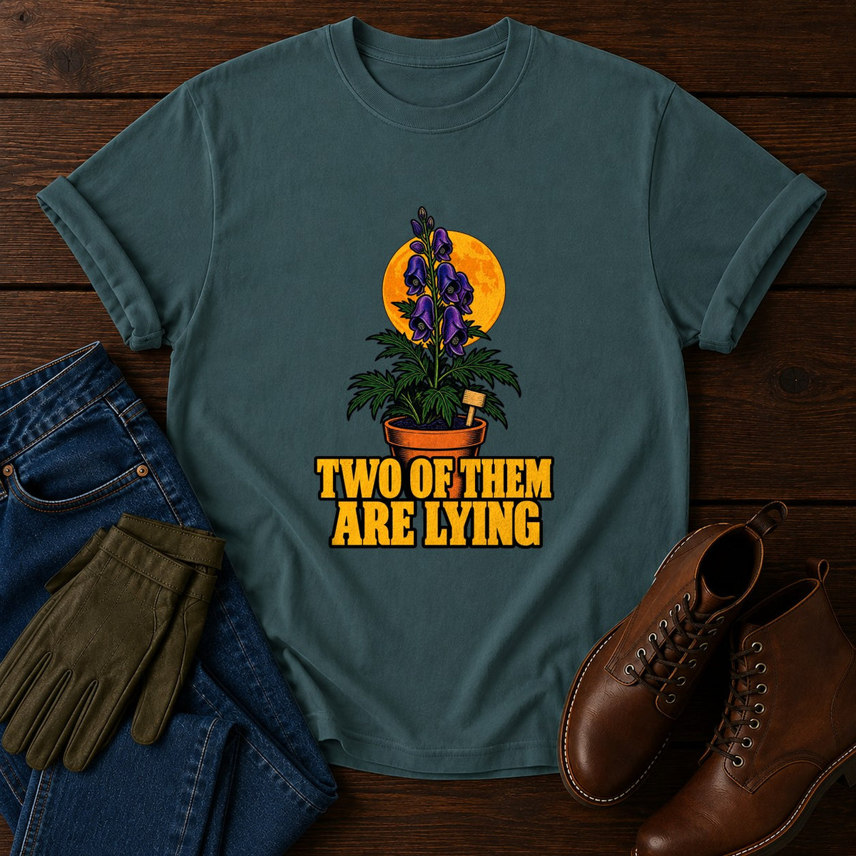 Two Of Them Are Lying Monkshood Halloween Garden T-Shirt — Blue Spruce