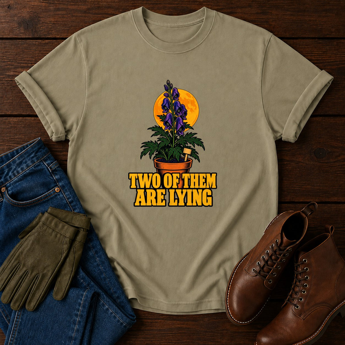 Two Of Them Are Lying Monkshood Halloween Garden T-Shirt — Khaki