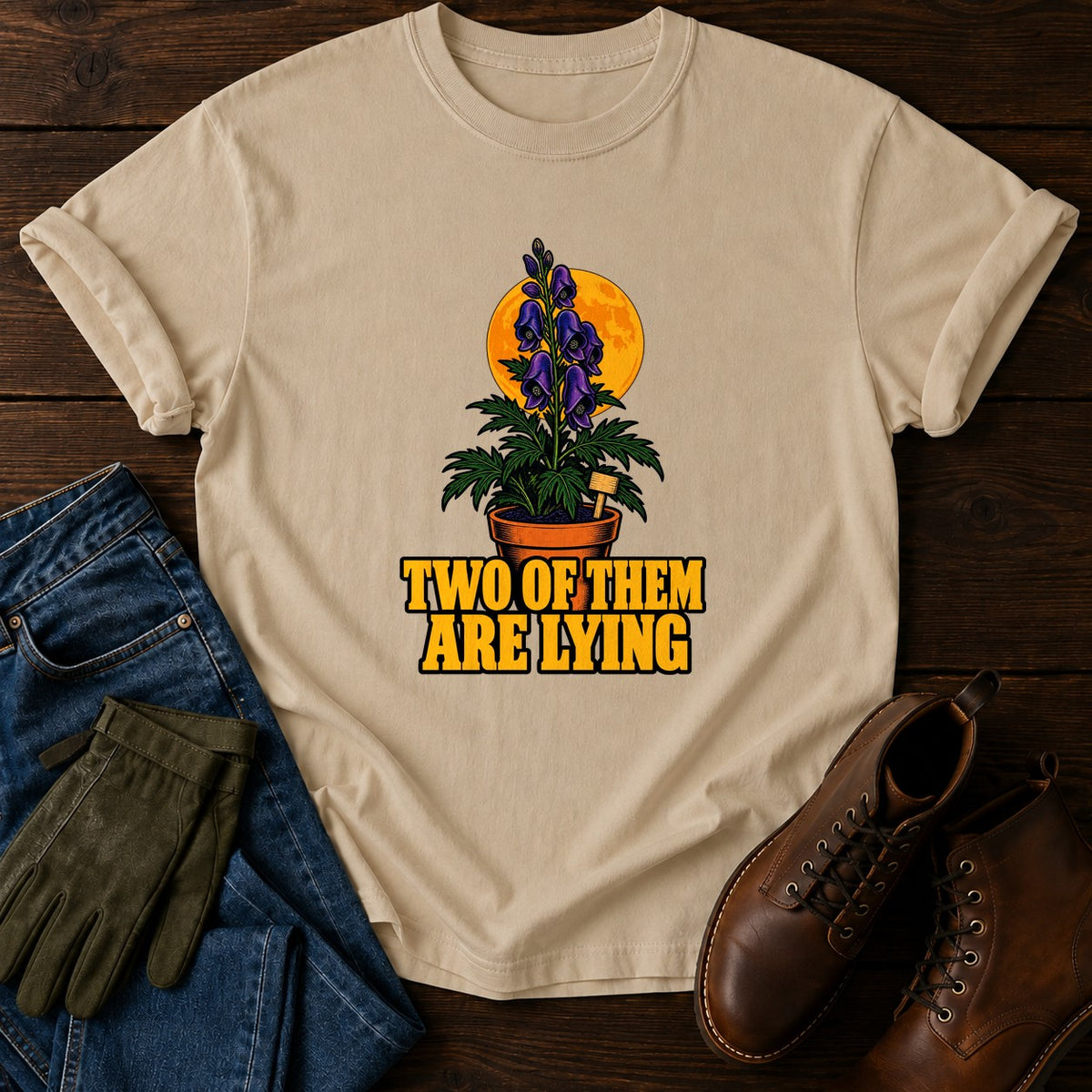 Two Of Them Are Lying Monkshood Halloween Garden T-Shirt — Sandstone