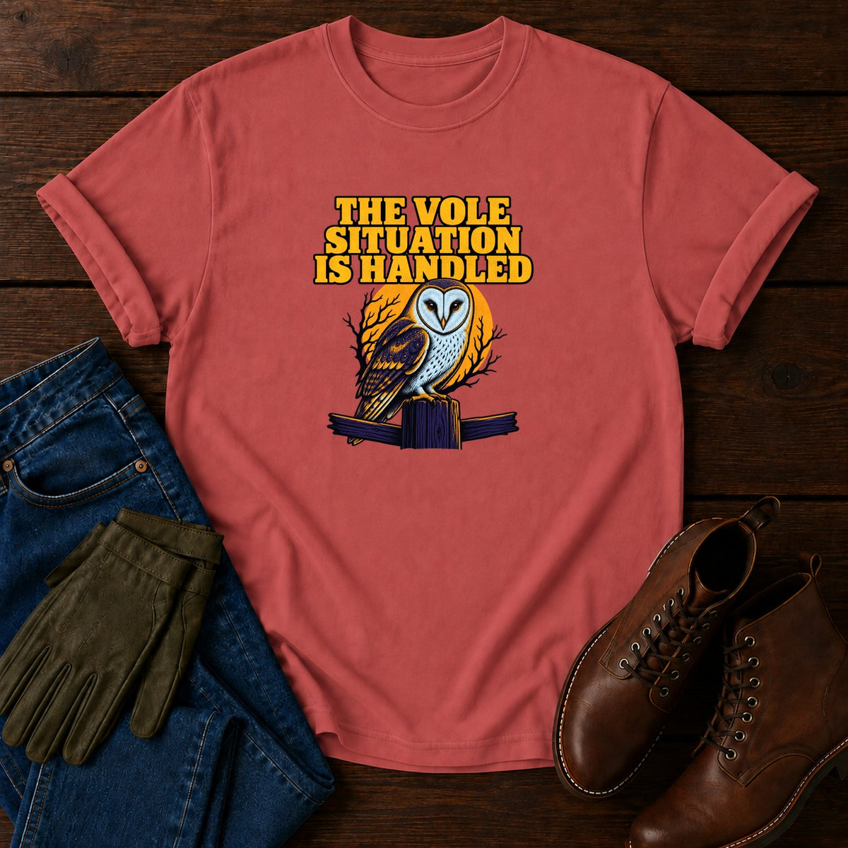 The Vole Situation Is Handled Barn Owl Halloween T-Shirt — Crimson