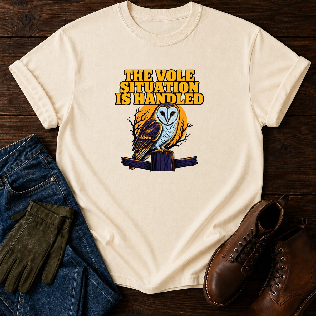The Vole Situation Is Handled Barn Owl Halloween T-Shirt — Ivory