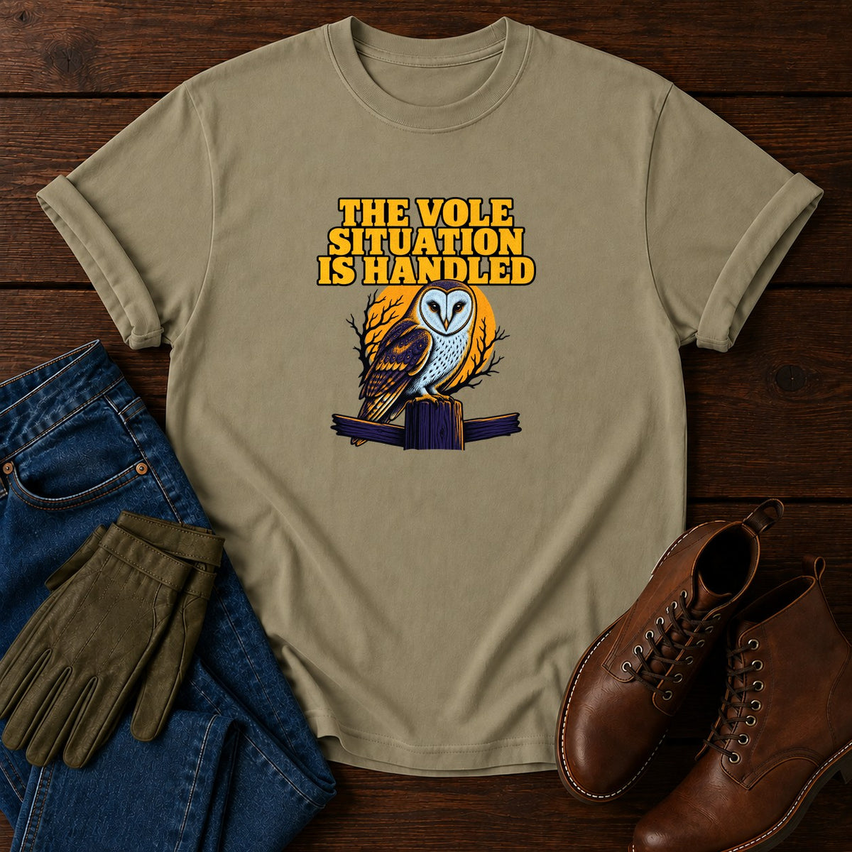 The Vole Situation Is Handled Barn Owl Halloween T-Shirt — Khaki