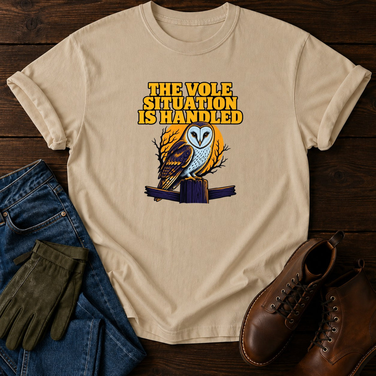The Vole Situation Is Handled Barn Owl Halloween T-Shirt — Sandstone