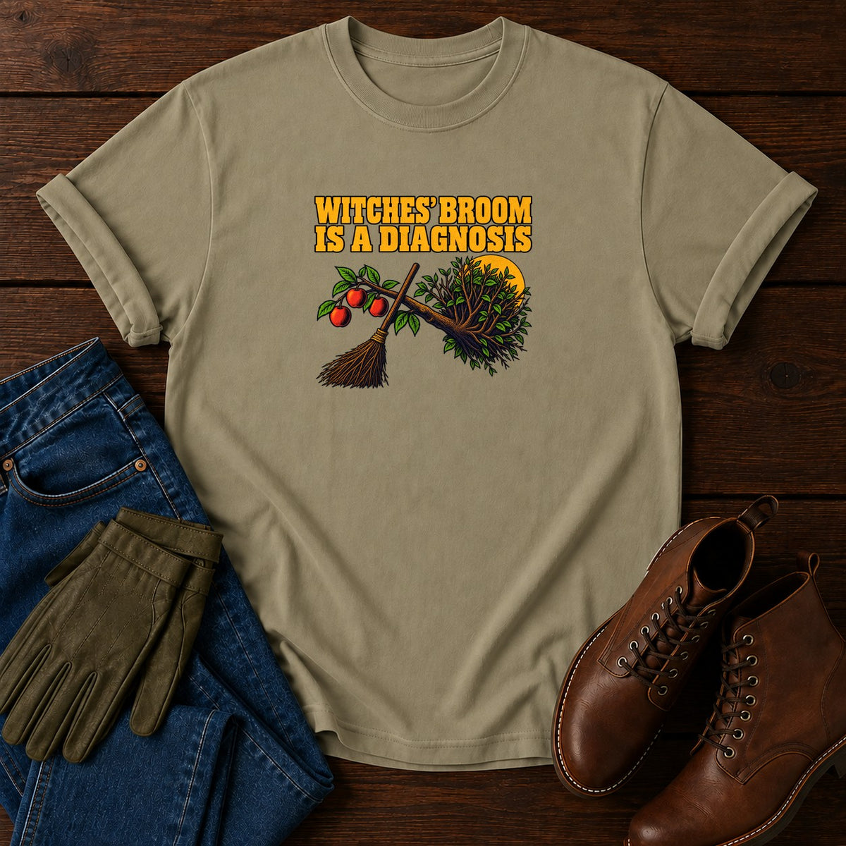 Witches' Broom Is A Diagnosis Halloween Garden T-Shirt — Khaki