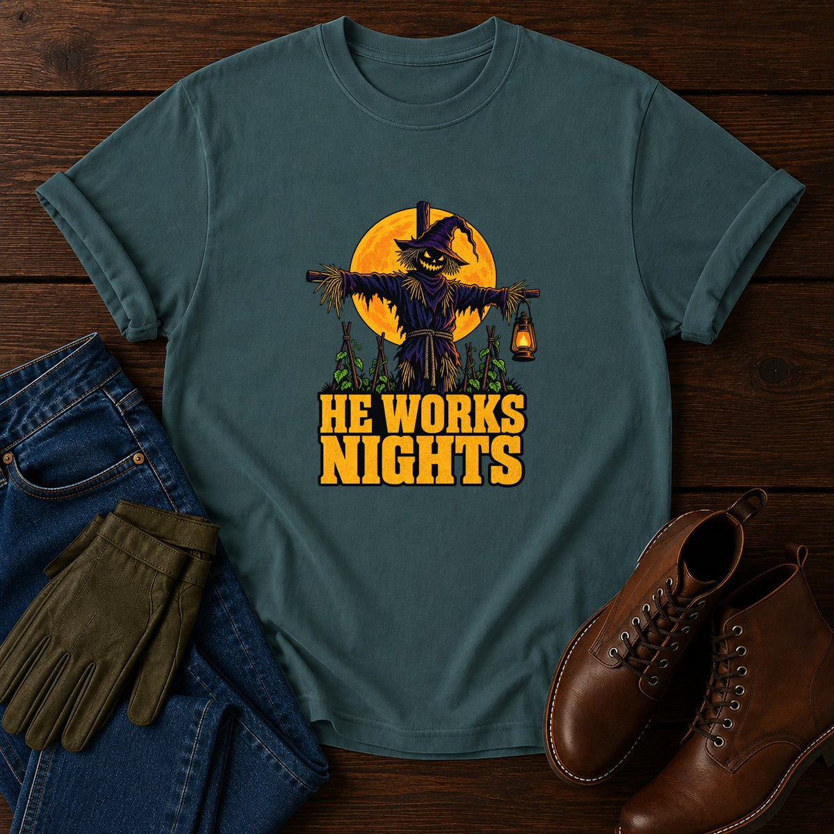 He Works Nights Scarecrow Halloween Garden T-Shirt — Blue Spruce