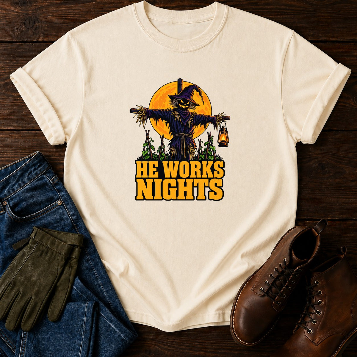 He Works Nights Scarecrow Halloween Garden T-Shirt — Ivory