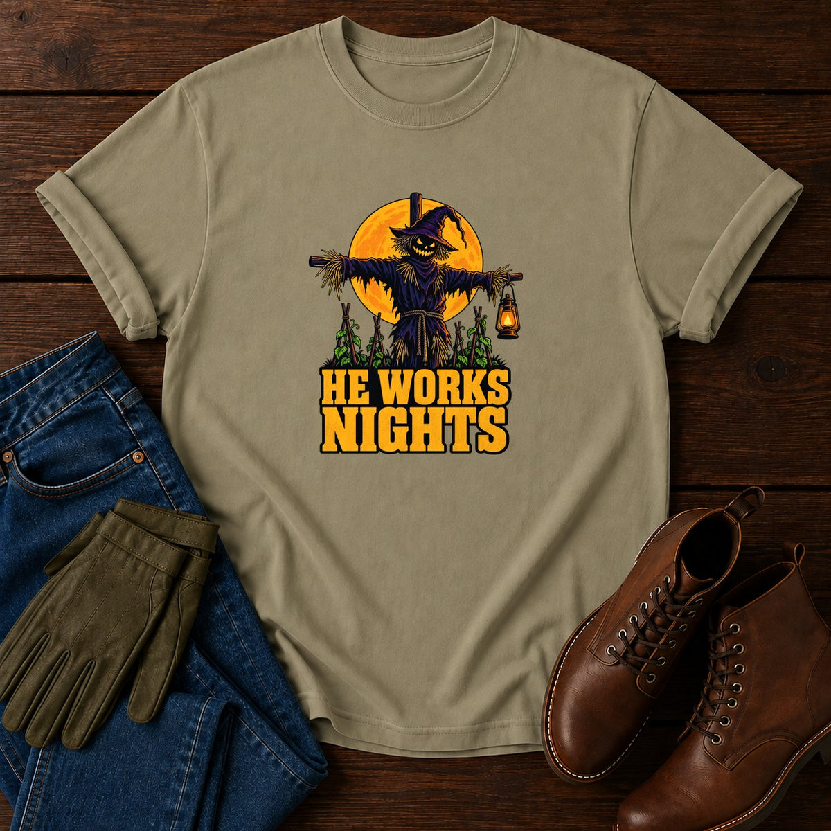 He Works Nights Scarecrow Halloween Garden T-Shirt — Khaki