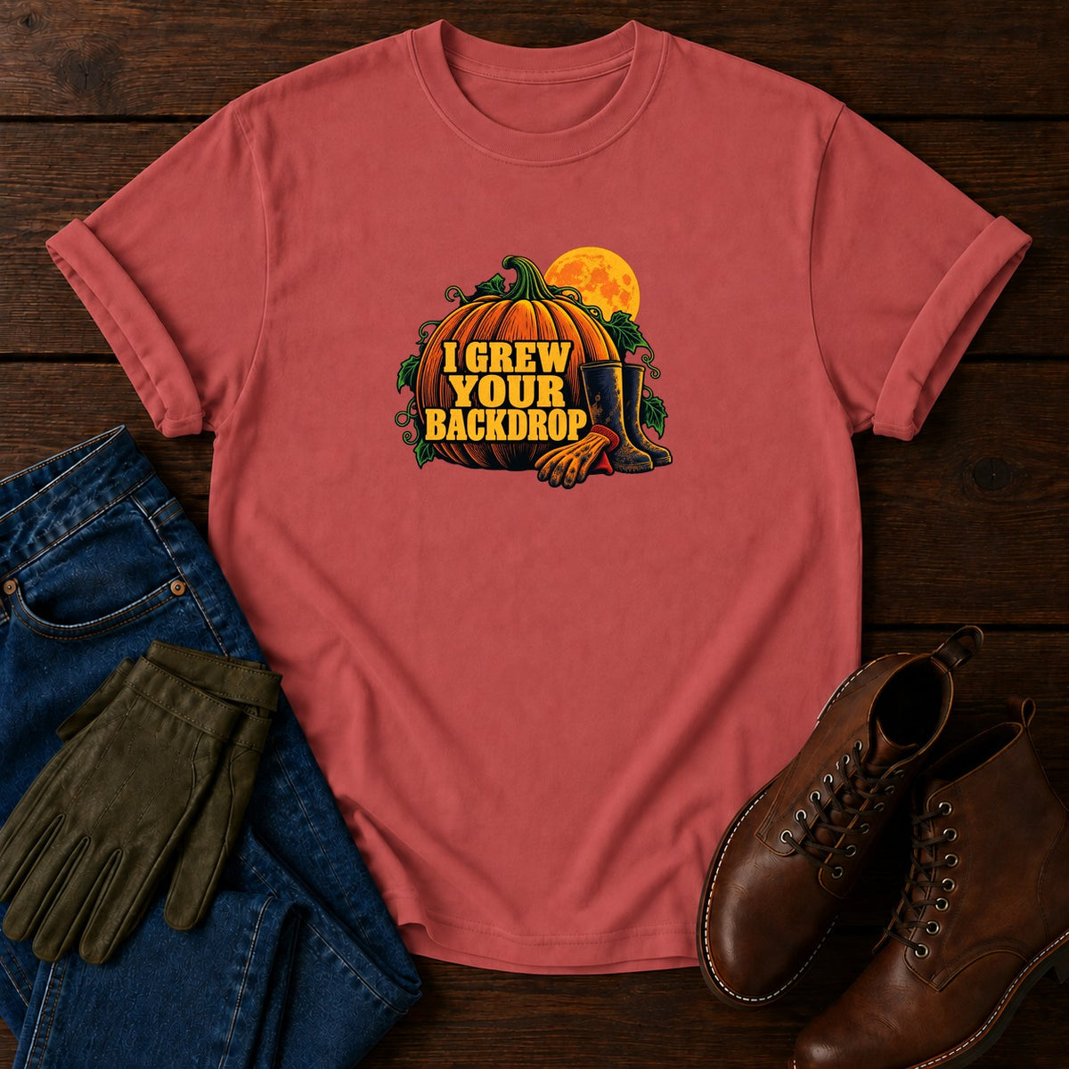 I Grew Your Backdrop Pumpkin Patch Halloween T-Shirt — Crimson