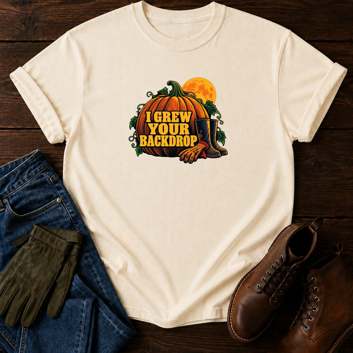 I Grew Your Backdrop Pumpkin Patch Halloween T-Shirt — Ivory
