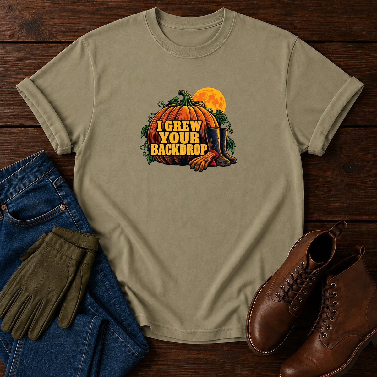 I Grew Your Backdrop Pumpkin Patch Halloween T-Shirt — Khaki