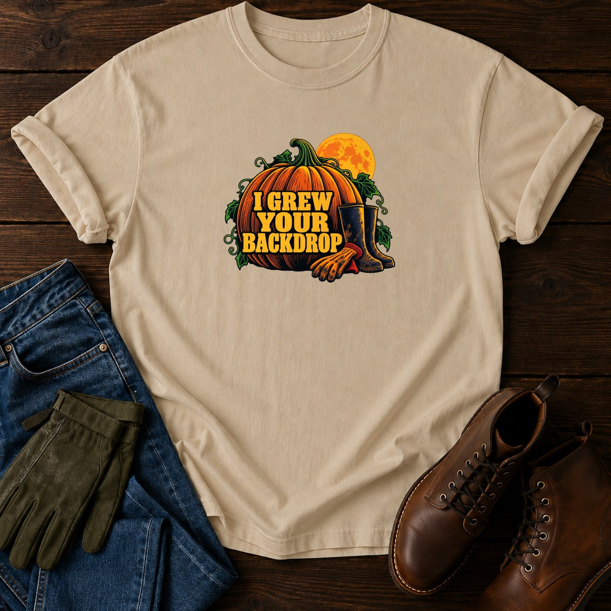 I Grew Your Backdrop Pumpkin Patch Halloween T-Shirt — Sandstone