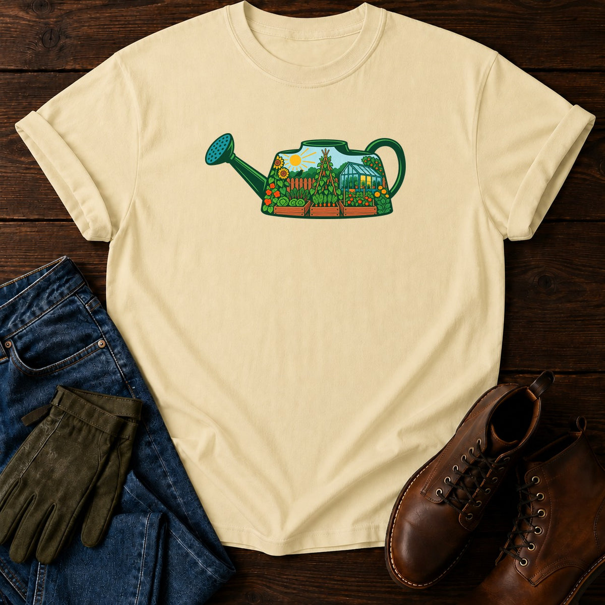 Watering Can Garden Scene T-Shirt — Butter