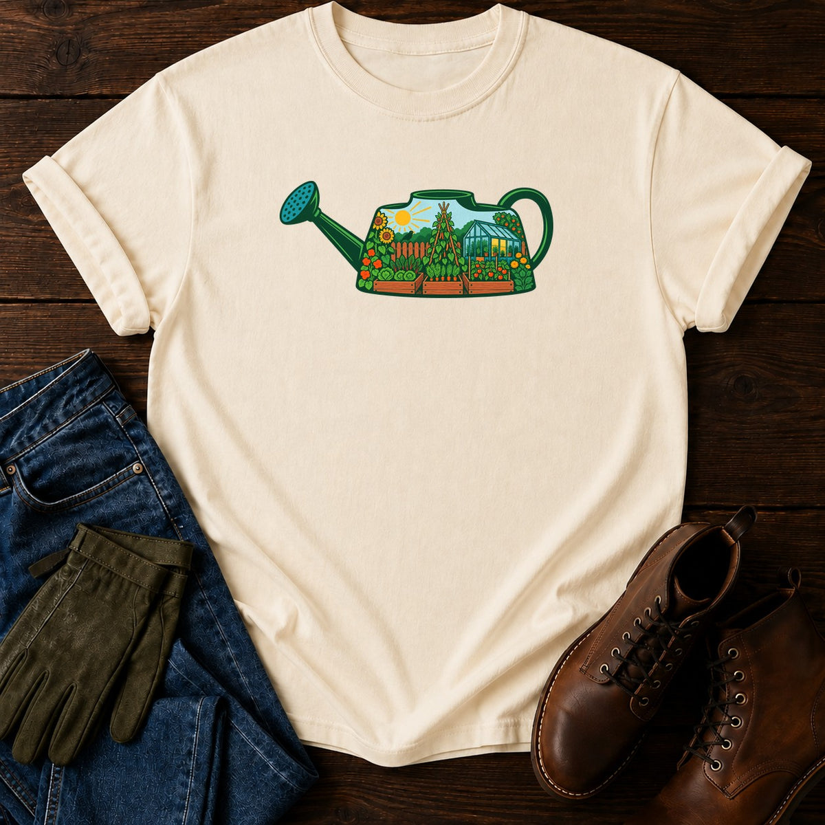 Watering Can Garden Scene T-Shirt — Ivory