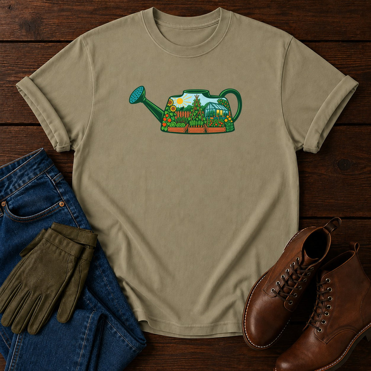 Watering Can Garden Scene T-Shirt — Khaki