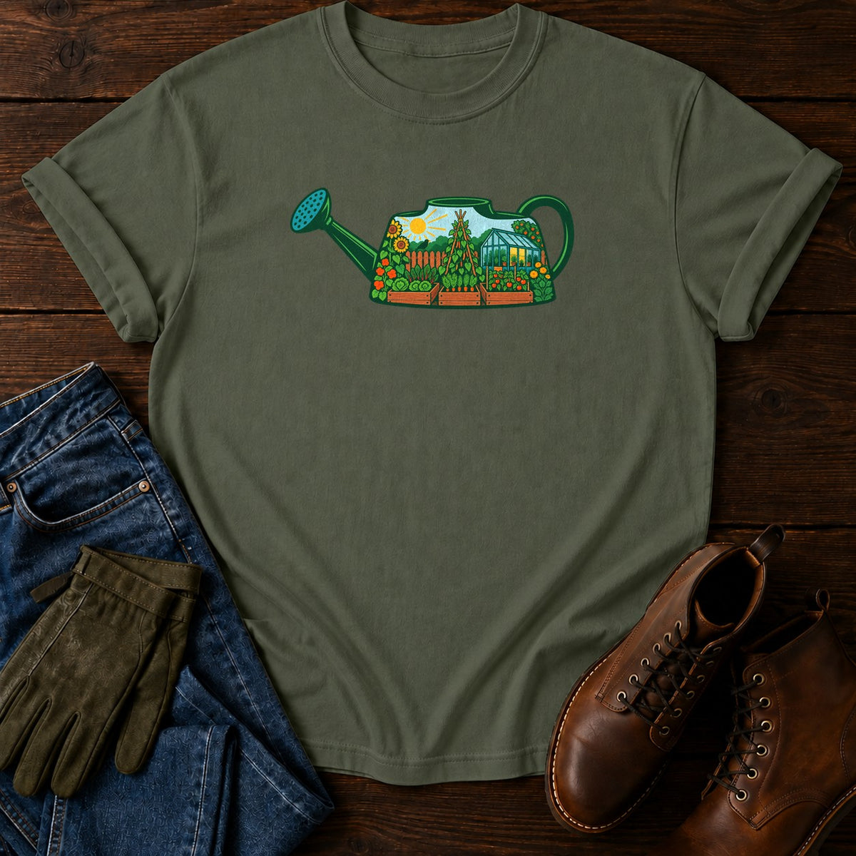 Watering Can Garden Scene T-Shirt — Moss
