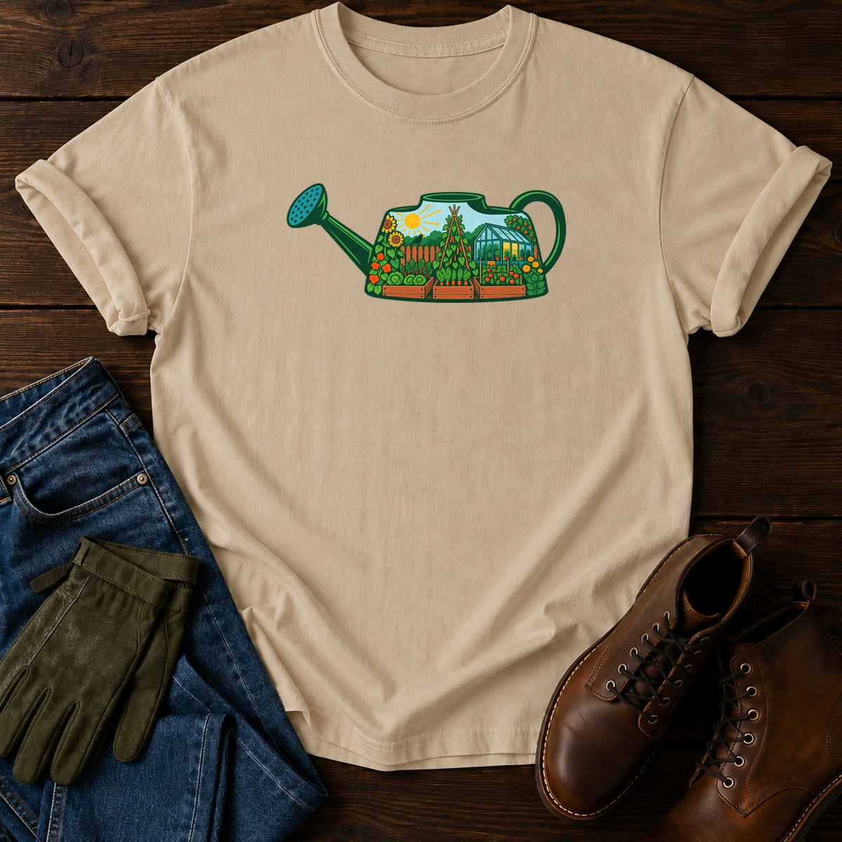 Watering Can Garden Scene T-Shirt — Sandstone