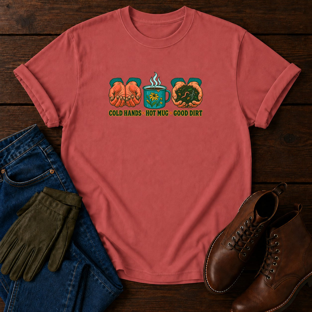 Cold Hands, Hot Mug, Good Dirt T-Shirt — Crimson