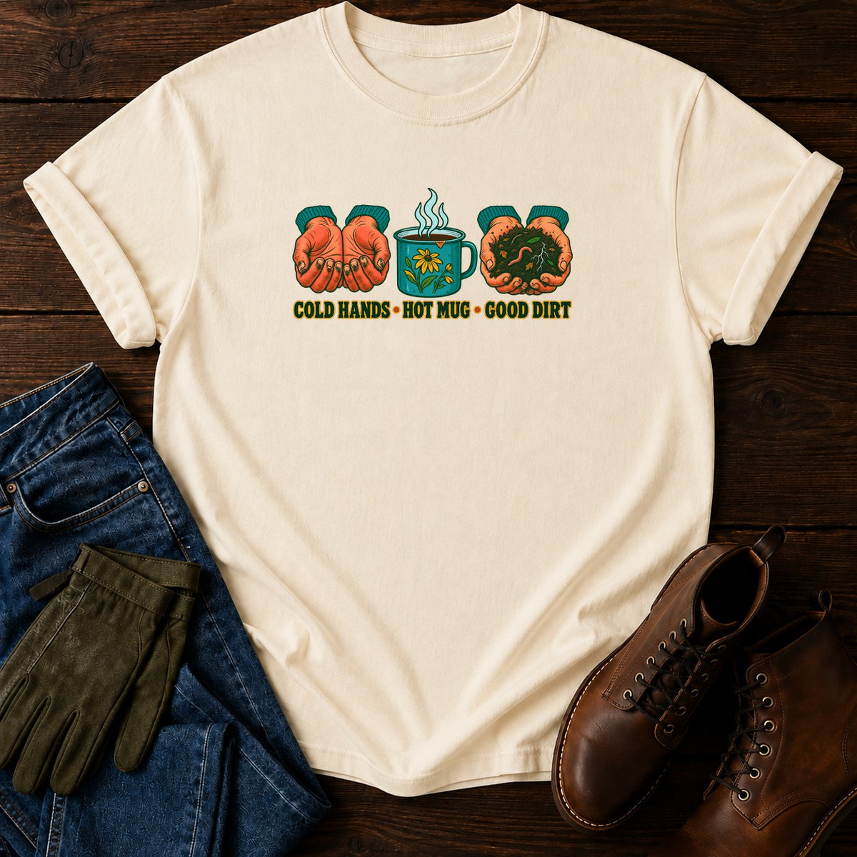 Cold Hands, Hot Mug, Good Dirt T-Shirt — Ivory