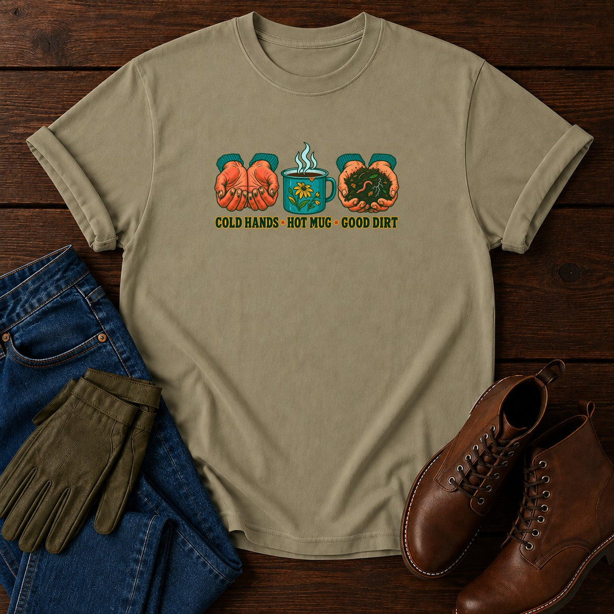 Cold Hands, Hot Mug, Good Dirt T-Shirt — Khaki